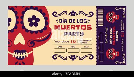 Dia de los Muertos Party Ticket Template with Sugar Skull, November 2 Date and Decorative Day of the Dead Event Design Stock Vector