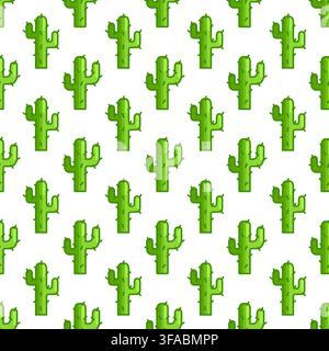 Cactus pattern in Game style. Pixel prickly plant on a white background. Needles. Botanical pattern. Seamless print Stock Vector