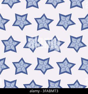 Seamless pattern of blue stars with a winter pattern on a light background. Stars with a frosty pattern of squiggles. Stock Vector