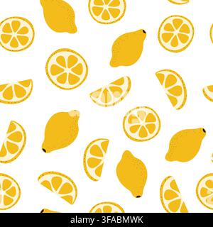 Pattern of lemons and slices on white background. Citrus sour fruit. Yellow citron. Round piece and quarter. Hand drawn Stock Vector