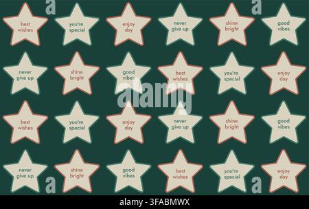 Pattern of Stars with Wishes. Five-pointed Stars in a row on a green background. Positive Motivating Quotes. Festive Stock Vector