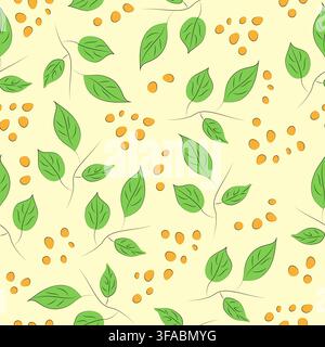 Seamless botanical pattern with branches and berries. Green leaves and yellow berries Stock Vector
