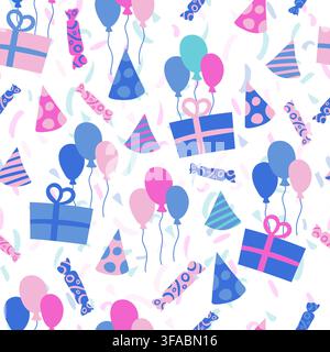 Seamless bright pattern of birthday attributes - gifts, hats, ribbon, balls. Doodle style Stock Vector