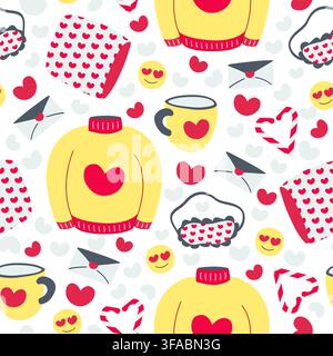 Seamless pattern for Valentine Day, February 14th. Love, heart shape. Sweater, letter, emoticon. Pillow and eye mask. Stock Vector
