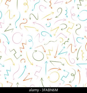 Seamless pattern of colored drawn arrows. Directions up, down, left, right. Arrow in a circle. Sharp and wavy types of Pointers Stock Vector
