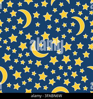 Seamless pattern of crescent and stars on a dark background. Night starry sky. Bright baby image for sleep. Stock Vector