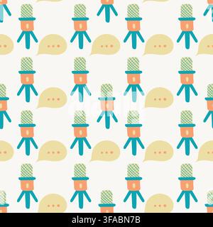 Pattern of Microphones and Speech bubble. Seamless pattern for Podcast, Broadcast, Streaming. Mic and Conversations. Stock Vector