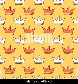 Drawn contour crown on a yellow background. Seamless pattern white and orange tiara. Prince and princess, king and queen Stock Vector