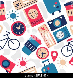 Seamless pattern travel and vacation. Tourist items - passport, tickets, transport Stock Vector