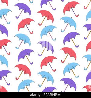 Pattern of red, blue and purple falling umbrellas. Seamless autumn static pattern. Stock Vector