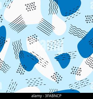 Abstract background from drawn spots, stripes and dots in blue color. Bright seamless pattern. Doodle Dotted wave lines Stock Vector