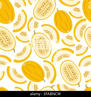 Seamless pattern of yellow melons, halves and pieces of melon on a white background. Melon seeds Stock Vector