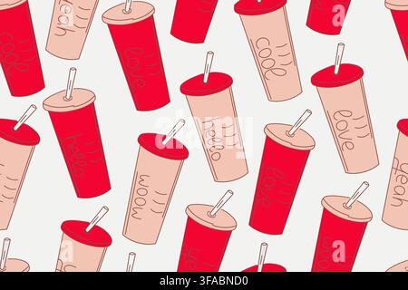Seamless pattern of drinks in tall glasses - coffee and tea. Red colours. Miscellaneous text Stock Vector