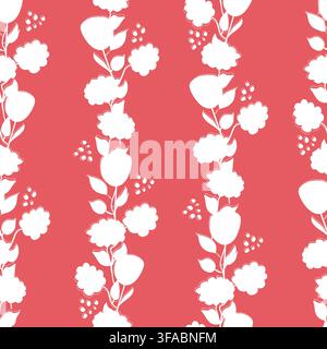 Seamless pattern with white silhouettes of flowers on a red background. Floral abstract background Stock Vector