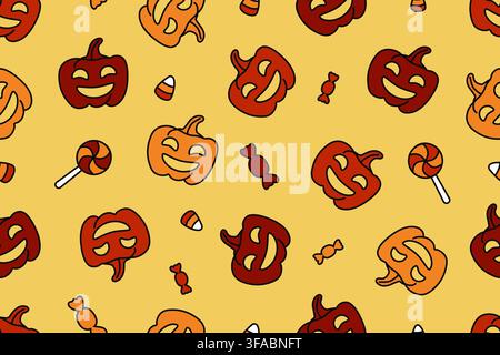 Smiling pumpkins, candy and lollipops in a seamless pattern on a yellow background. Cute Pattern for Halloween. Stock Vector
