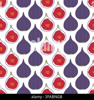 Fig pattern. Sweet fruit pulp. Half cut purple fruit. Harvesting. Food on a white background. Vegan food. Summer pattern Stock Vector