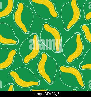 Seamless pattern of contoured yellow lemons on a green background. Fruit background Stock Vector