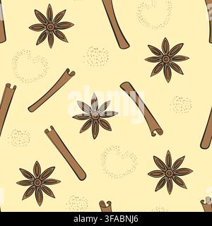 Seamless pattern of cinnamon sticks, star anise and cinnamon powder. Doodle style Stock Vector