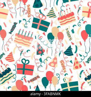 Seamless bright pattern of birthday attributes - gifts, hats, cake, crackers. Doodle style Stock Vector