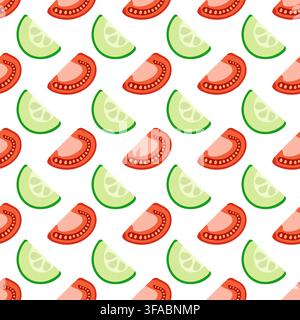 Pattern of halves of cucumber and tomato. Salad ingredients. Pattern of food on a white background. Vegan healthy meal Stock Vector