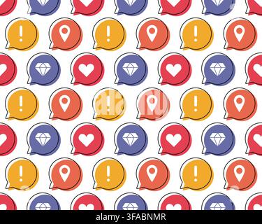 Bubble pattern with icons - heart, exclamation mark, diamond, pin. Chat with emoji. Internet conversations. Color speech Stock Vector