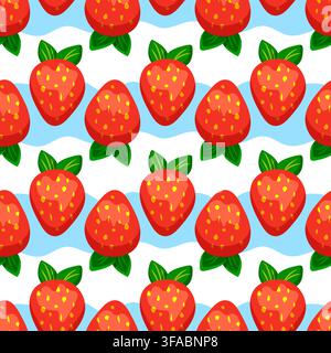 Seamless pattern with strawberries on a background of blue stripes. Pattern for yogurt, product Stock Vector