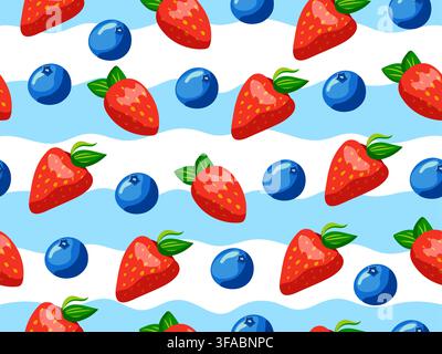 Seamless pattern with berries on a background of blue stripes. Strawberries and blueberries. Pattern for yogurt Stock Vector
