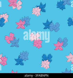 Seamless pattern of doodle flowers on a blue background. Scattered pink and blue flowers Stock Vector