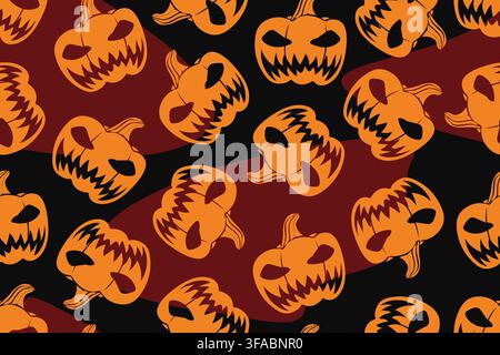 A scary terrifying orange pumpkin in a seamless dark pattern for the Halloween holiday with spots Stock Vector