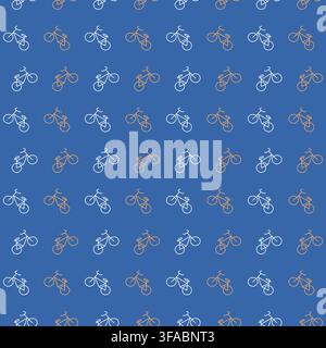 Pattern icons of bicycles ride on rear wheel. Seamless print on a blue background. Cycling, spinning wheels. Transport Stock Vector