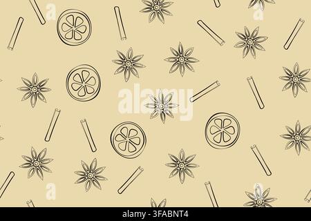 A piece of orange, star anise and a cinnamon stick. Seamless pattern in sketching style.  Stock Vector