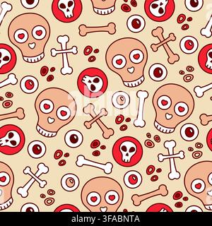 Seamless pattern with skull, bones and eyes. A cute and funny pattern for Halloween. Skull in Love Stock Vector