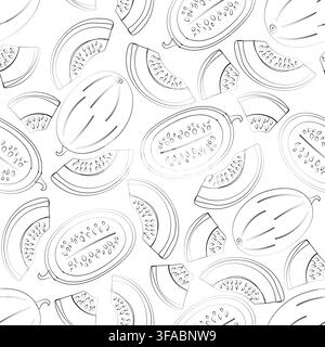 Seamless contour pattern of melon, melon halves and melon pieces on a white background. Fruity summer pattern Stock Vector