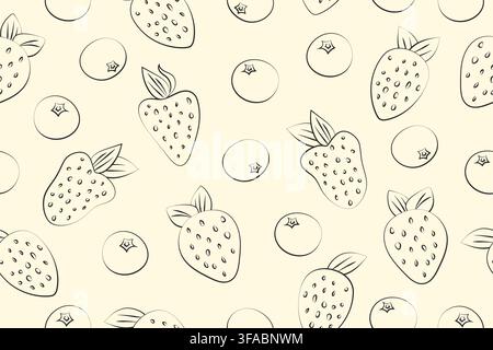 Seamless pattern sketch berries on a beige background. Pencil drawing of strawberries and blueberries Stock Vector