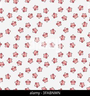 Falling Sakura seamless pattern. Chaotic pattern of pink flowers on a white background. Japanese cherry blossoms. Stroke Stock Vector