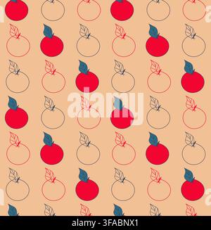 Seamless pattern of red and contour apples. Fruit pattern on an orange background. Stock Vector