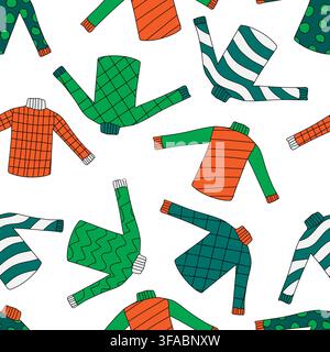 Seamless pattern of multi-colored sweaters with a high throat. Warm clothes with different patterns on white background Stock Vector