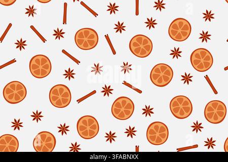 A piece of orange, star anise and a cinnamon stick. Seamless pattern in flat design.  Stock Vector