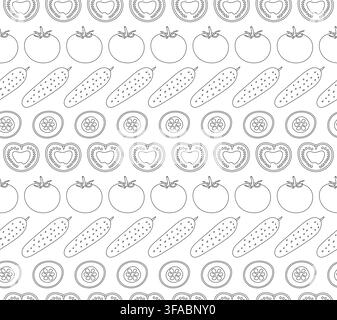 Seamless pattern of contour vegetables - tomatoes and cucumbers. Tomato halves and cucumber pieces Stock Vector