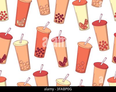 Seamless pattern of drinks in tall glasses - coffee and bubble-tea. Beige colours Stock Vector