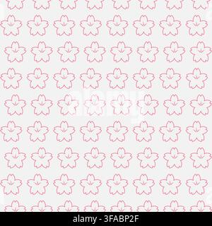 Contour pink Sakura flowers on a gray background. Seamless Japanese pattern. Petal and pistil flowers. Spring bloom Stock Vector
