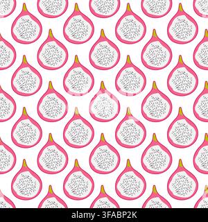 Dragonfruit pattern. Tropical exotic fruit. Half Pink Pitaya with sweet white flesh. Vegan food. Print Dragon Fruit Stock Vector