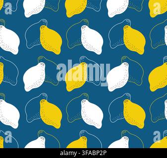 Seamless pattern of yellow and white lemons. Painted and contoured citrus. Fruit pattern on a dark blue background Stock Vector