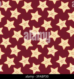 Pattern of Stars with Wishes. Five-pointed Stars with a stroke on a burgundy background. Motivational Quote. Festive Stock Vector