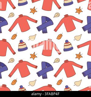Seamless pattern of autumn warm clothes - hat, scarf and sweater. Autumn leaves. Pattern on a white background Stock Vector