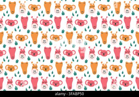 A seamless pattern of wild cute animals - koala, giraffe and crocodile in orange and pink colors. Doodle style Stock Vector