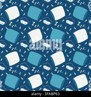 Sleep and rest seamless pattern. Pillow, feathers, sleep mask and sleep sound on a blue background. Night time Stock Vector