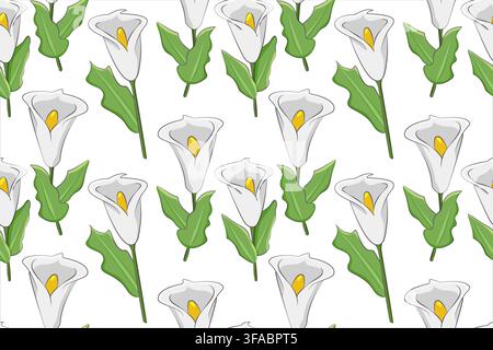 Pattern of white callas. White flowers on a stem with green leaves on a white background. Exotic bouquet for a wedding Stock Vector