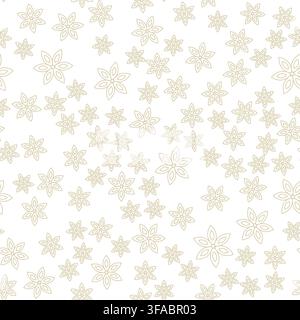 Seamless pattern of contour gold snowflakes on a white background. Chaotic falling snowflakes. Simple winter pattern Stock Vector