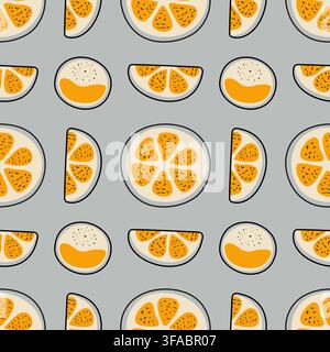 Seamless pattern of orange and tangerine on a gray background. Pieces of fruit. Stock Vector